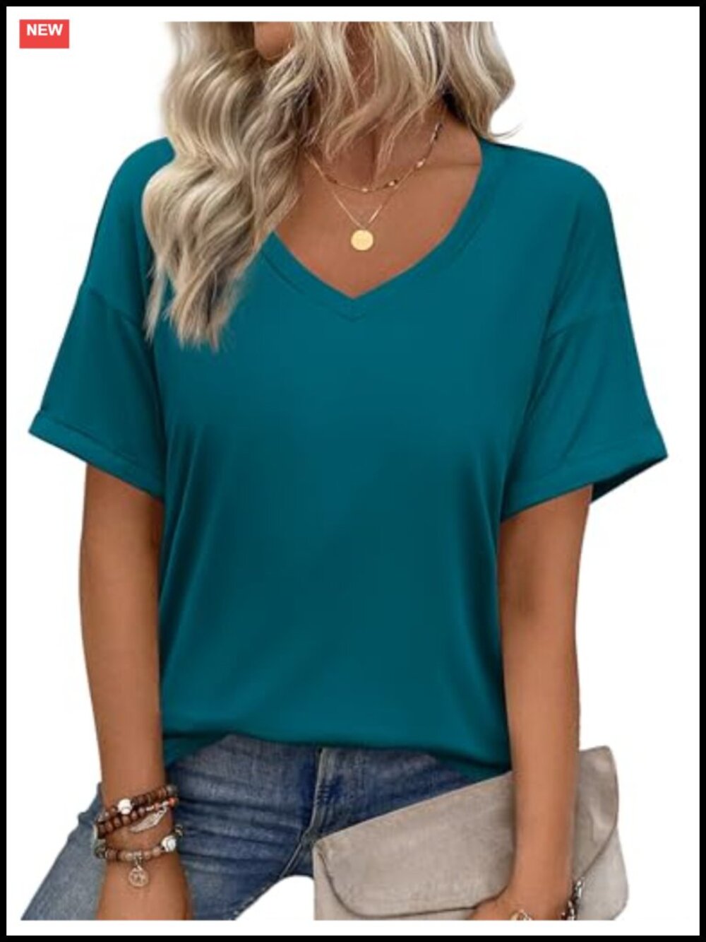 Womens V-Neck Short Sleeve T-Shirt Loose Fit Casual Summer Work Top